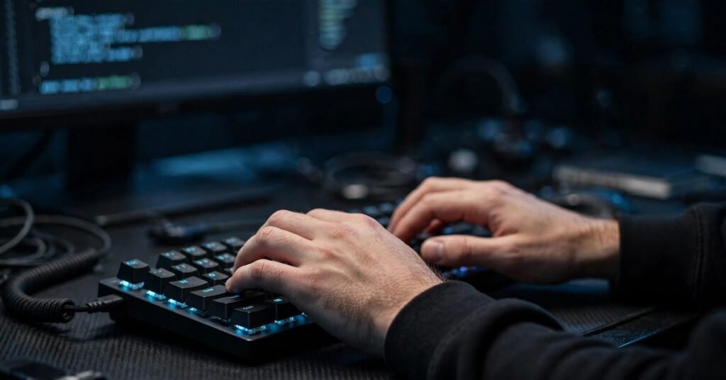tech hacks pblinuxgaming - hands on mechanical keyboard with code on monitor