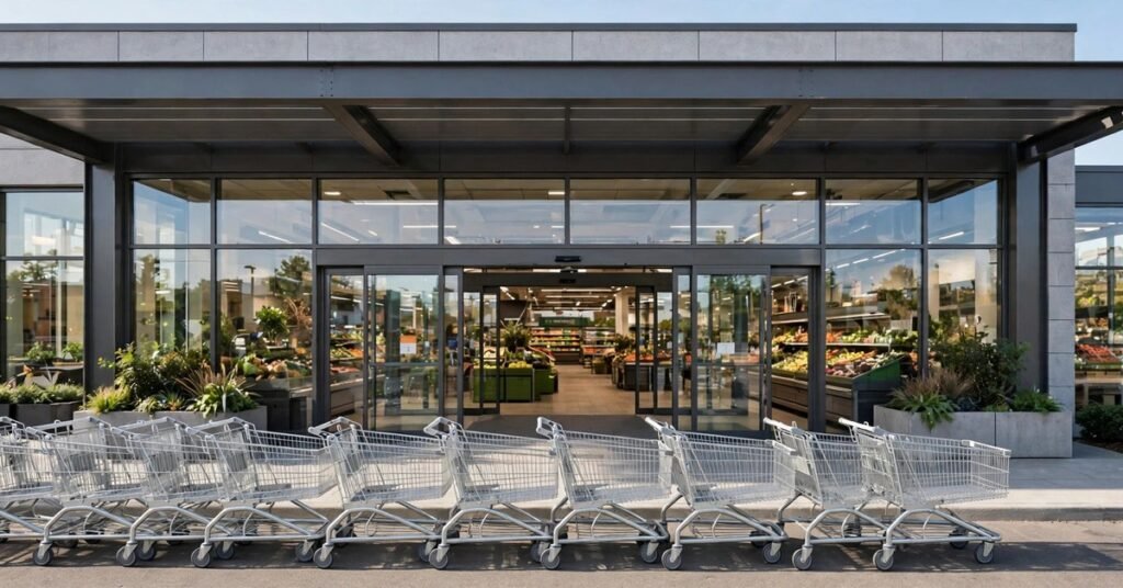 Modern supermarket shelves with fresh products
