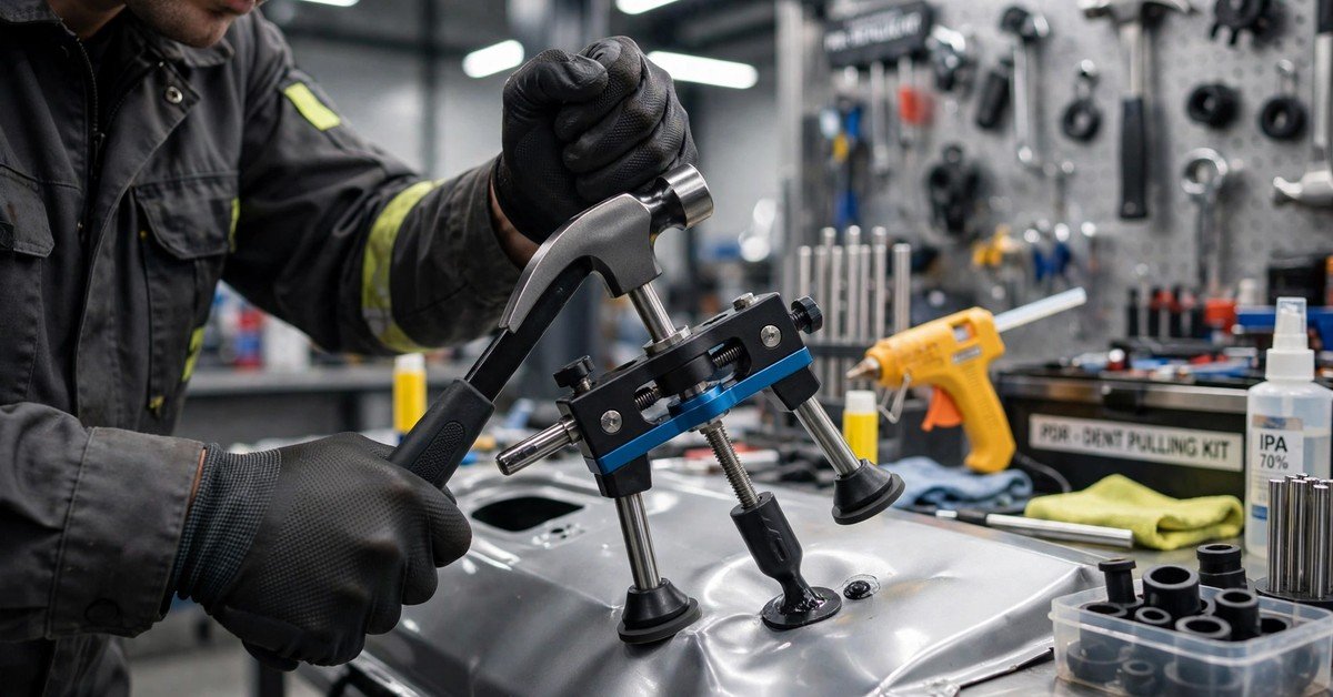 Ausbeulwerkzeuge und Dellenreparatur an der Fahrzeugkarosserie