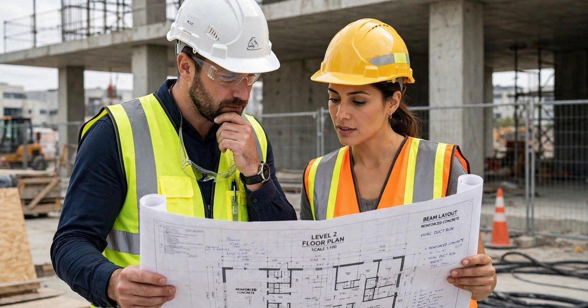 Construction engineers reviewing building plans at a Bauering project site