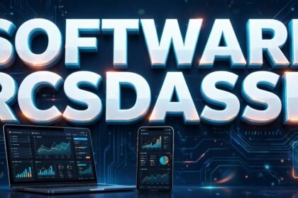 software rcsdassk - bold 3D keyword text on dark tech background with laptop and dashboard