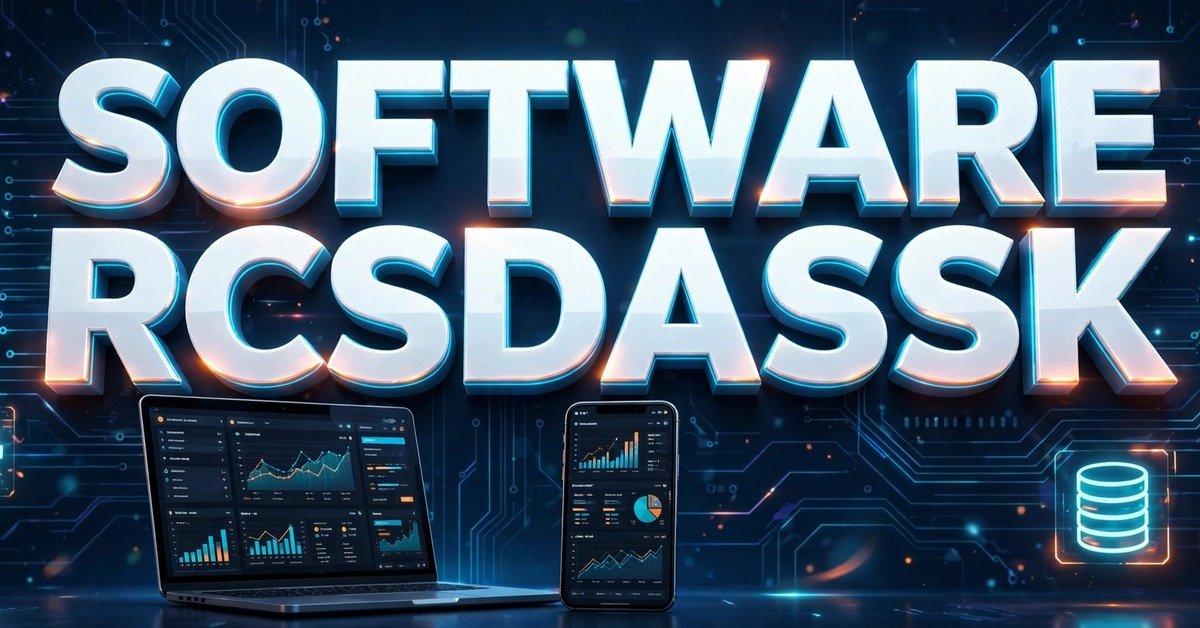 software rcsdassk - bold 3D keyword text on dark tech background with laptop and dashboard