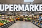 Supermarket interior with stocked grocery aisles