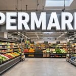 Supermarket interior with stocked grocery aisles