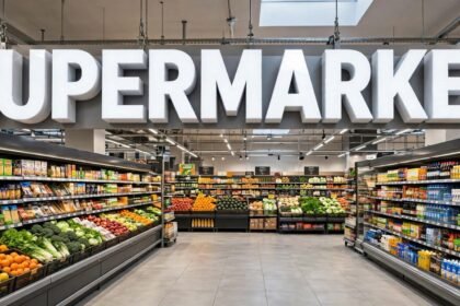 Supermarket interior with stocked grocery aisles