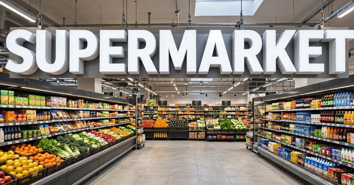 Supermarket interior with stocked grocery aisles